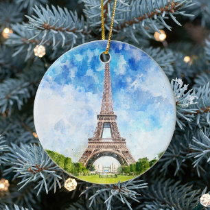 Eiffel Tower Watercolor Paris Skyline Art Print Ceramic Tree Decoration