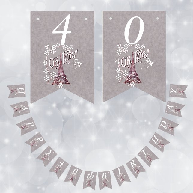 Eiffel Tower White Daisy Flowers Grey Birthday Bunting (Eiffel tower in France white daisy flowers Oh Paris on grey Happy Birthday banner.)