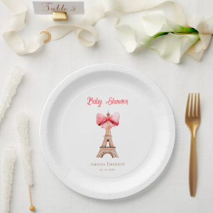 Eiffel Tower with Pink Bow Paris Baby Shower  Paper Plate