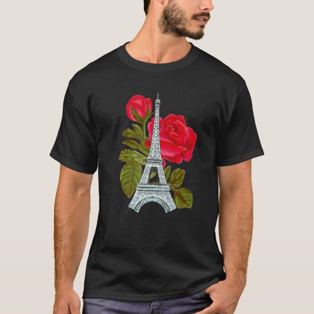 Eiffel Tower with Rose Love Paris Roses French Lov T-Shirt (Front)