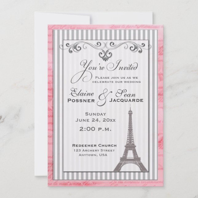 Eiffel tower with swirls and stripes invitation (Front)