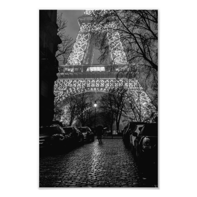 Eiffel Tower - Woman in the Rain - Black and White Photo Print (Front)