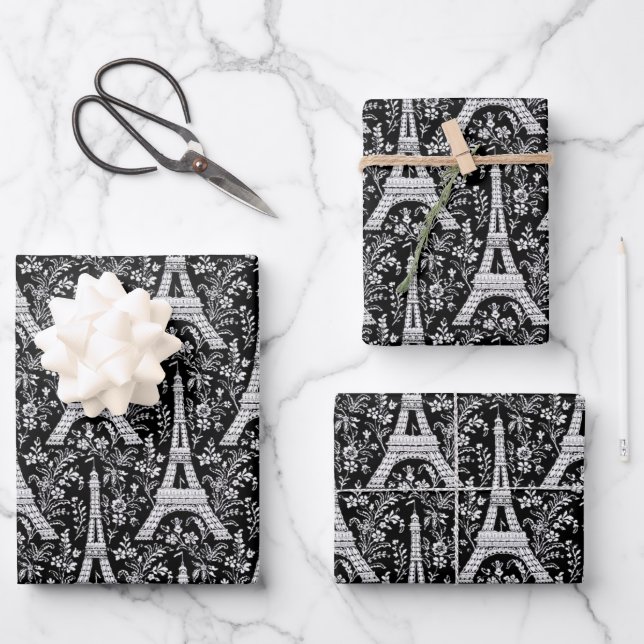 Eiffel Towers and Flowers Black Wrapping Paper Sheet (Front)