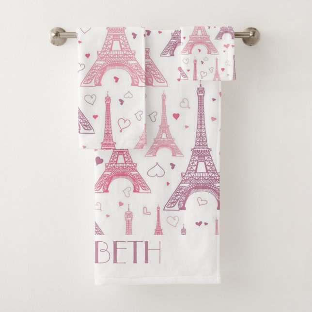 Eiffel Towers and hearts personalised Bath Towel Set (Insitu)