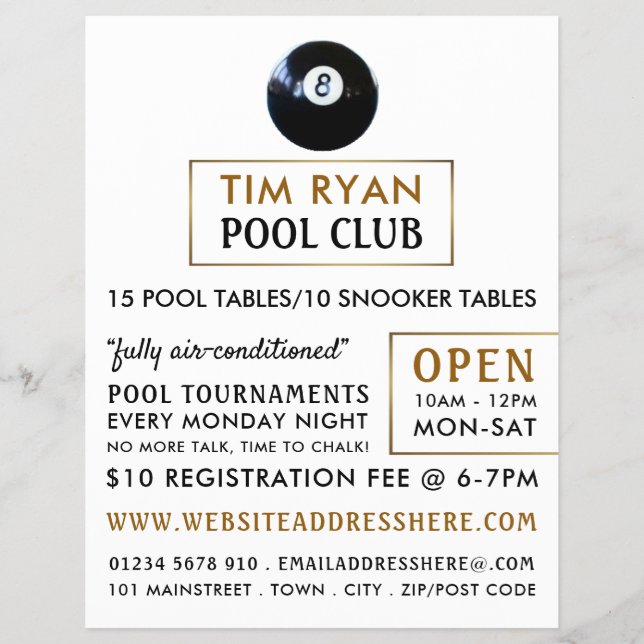 Eight Ball, Pool Club, Snooker Club Advertising Flyer (Front)