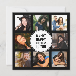 Eight Birthday Photo Collage Black and White Invitation