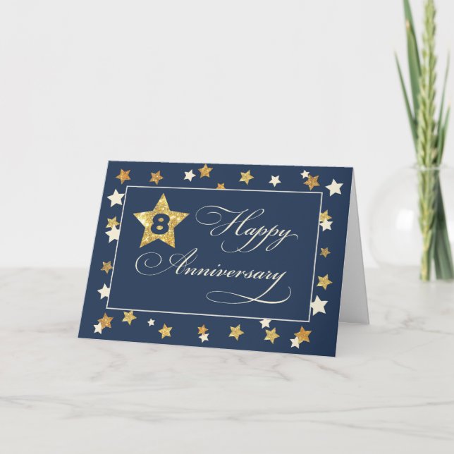 Eight Employee Anniversary Navy Gold Effect Stars Card (Front)