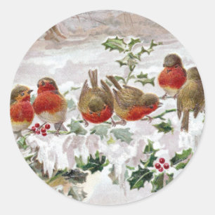 Eight English Robins on Holly Vintage Christmas Classic Round Sticker
