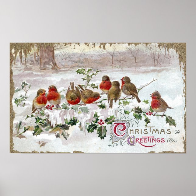 Eight English Robins on Holly Vintage Christmas Poster (Front)