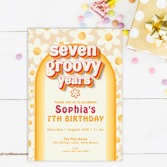 Eight Groovy Years 8th Birthday Photo Invitation | (Creator Uploaded)