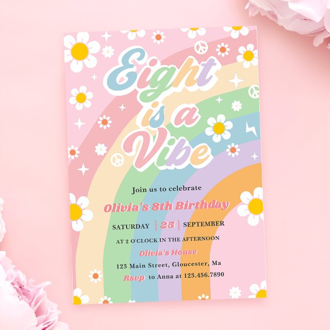 Eight Is A Vibe Groovy Daisy Rainbow 8th Birthday Invitation (Creator Uploaded)