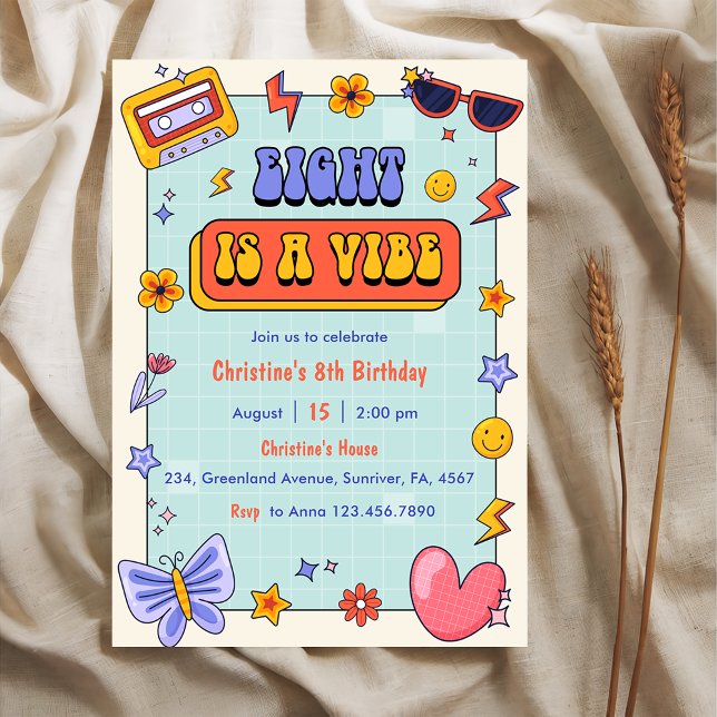 Eight Is A Vibe Groovy Hippie 8th Birthday Party  Invitation (Creator Uploaded)