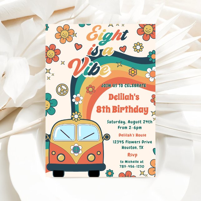 Eight Is A Vibe Groovy Retro Floral 8th Birthday Invitation (Creator Uploaded)