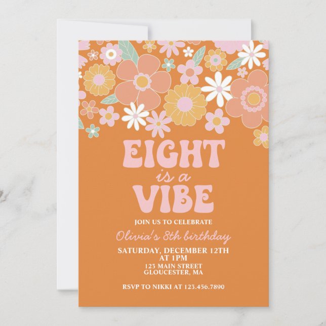 Eight is a vibe Groovy Retro Floral 8th birthday Invitation (Front)