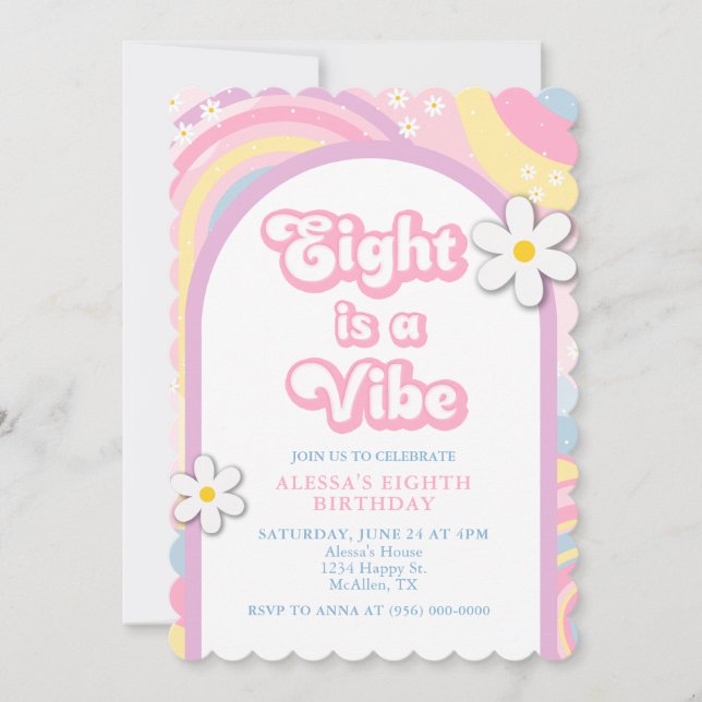 Eight is a Vibe Groovy, Retro Girl Pastel Colours Invitation (Front)