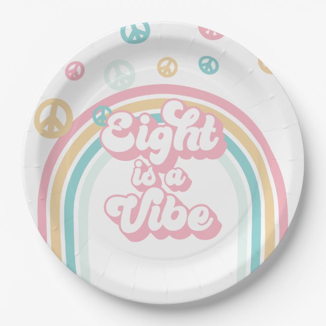 Eight is a Vibe Retro Summer Rainbow Paper Plate (Front)