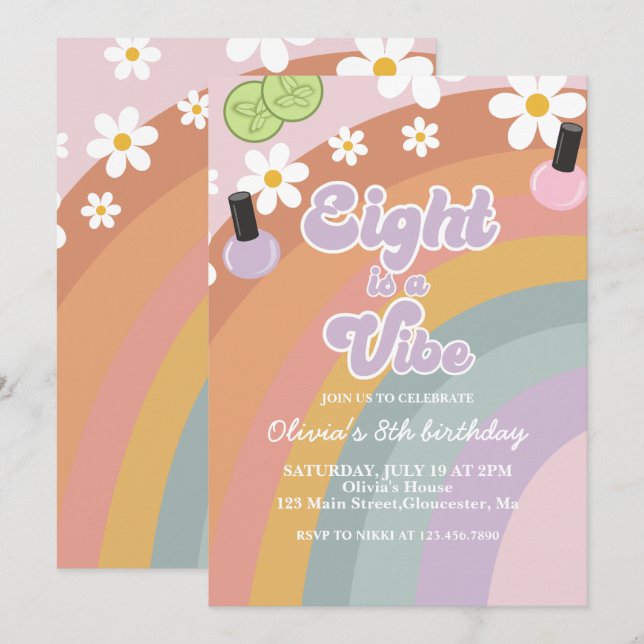 Eight is a vibe Spa Rainbow 8th Birthday Invitation (Front/Back)