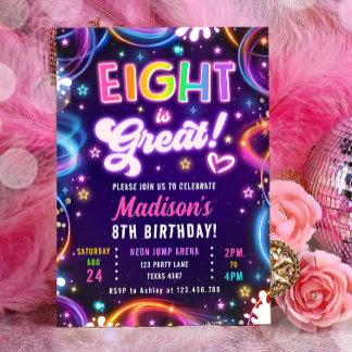 Eight is Great 8th Retro Neon Glow Girl Birthday Invitation