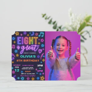 Eight Is Great Neon Glow 8th Birthday Party Photo Invitation