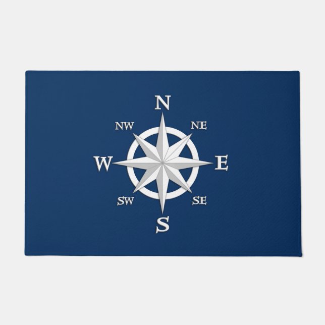 Eight Point Compass Rose, White and Navy Blue Doormat (Front)