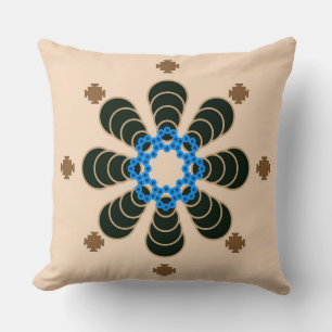 Eight point Mandala, Chocolate, Tan, Beige & Blue Cushion