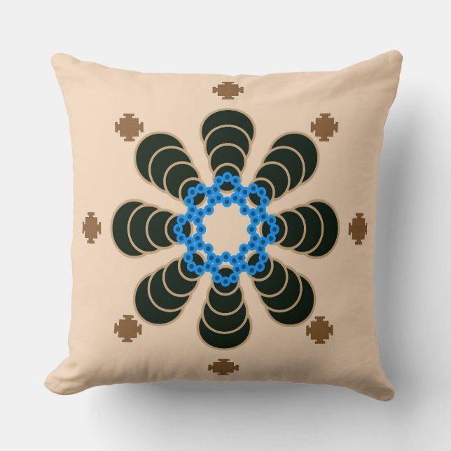 Eight point Mandala, Chocolate, Tan, Beige & Blue Cushion (Front)