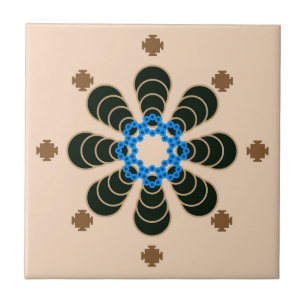 Eight point Mandala, Chocolate, Tan, Beige & Blue Tile
