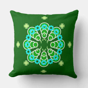 Eight point Mandala, Dark Jade Green and Aqua Cushion