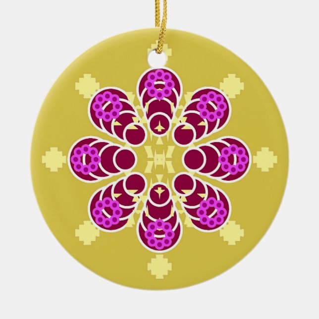 Eight point Mandala, Mustard Gold and Purple Ceramic Tree Decoration (Front)