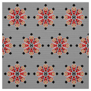 Eight point Mandala, Red, Black and Grey / Grey Fabric