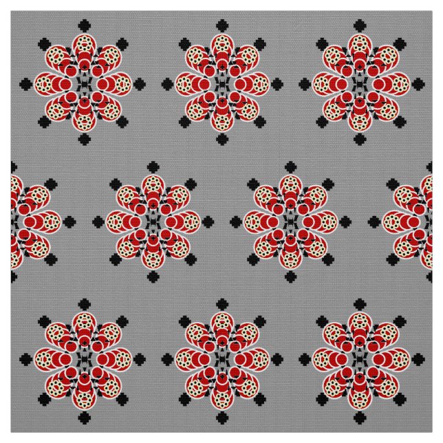 Eight point Mandala, Red, Black and Grey / Grey Fabric (Swatch)