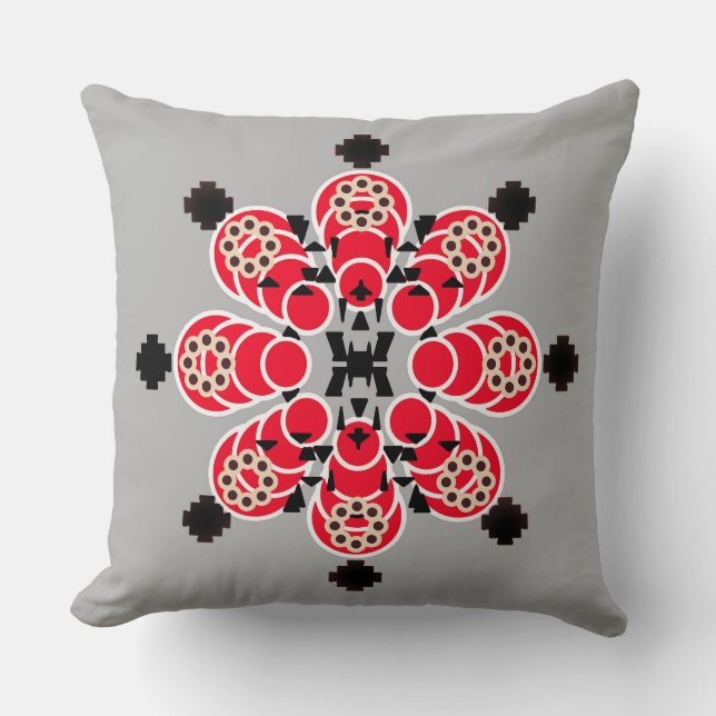 Eight point Mandala - red, grey and black Cushion (Front)