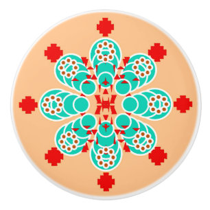 Eight point Mandala - turquoise and peach Ceramic Knob