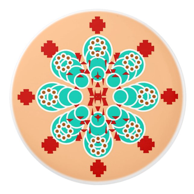 Eight point Mandala - turquoise and peach Ceramic Knob (Front)