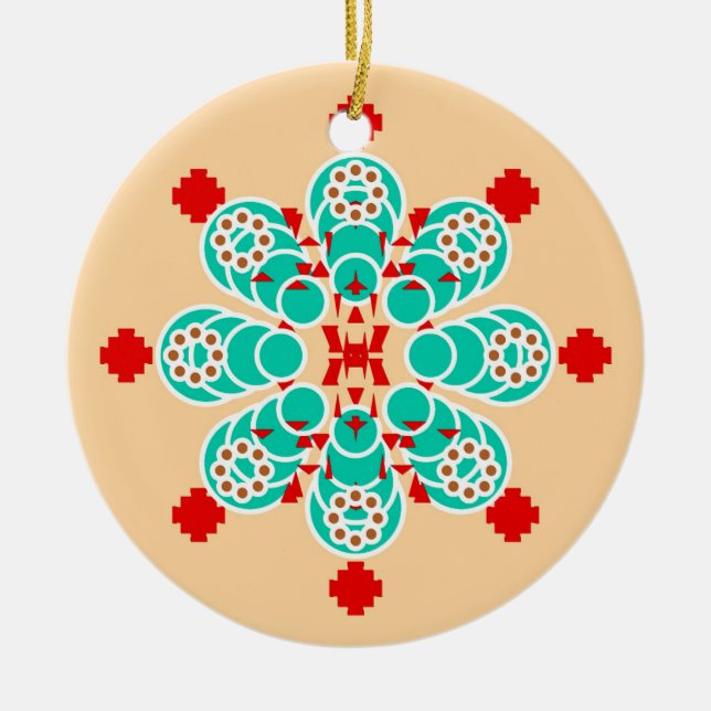 Eight point Mandala - turquoise and peach Ceramic Tree Decoration (Front)