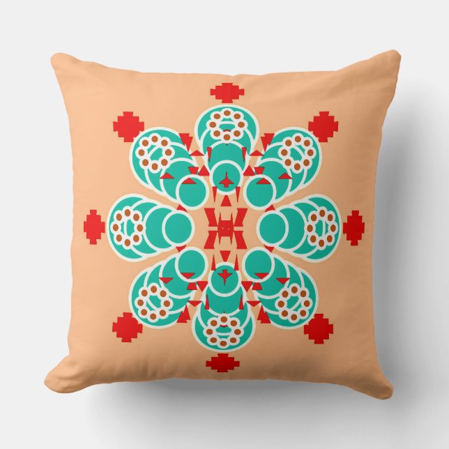 Eight point Mandala - turquoise and peach Cushion (Front)