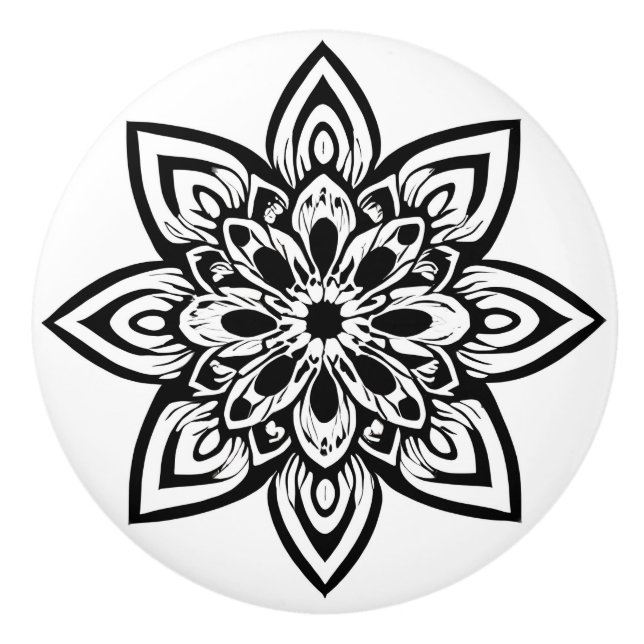 Eight Point White Star Flower Mandala Ceramic Knob (Front)