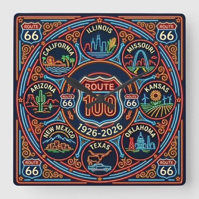 Eight State Neon Route 66 Centennial 1926-2026 Square Wall Clock (Front)