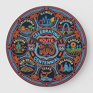 Eight State Route 66 Centennial Neon Large Clock