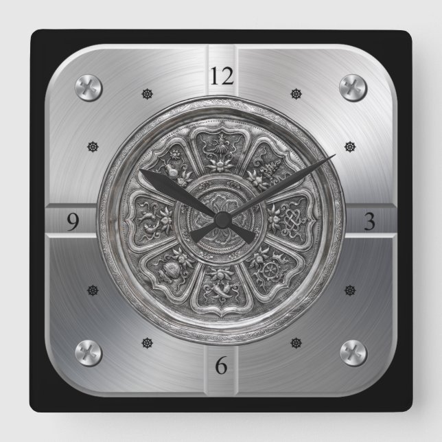 Eight Treasure Pattern Silver Plate ~ (八寳紋銀盤) ~  Square Wall Clock (Front)