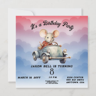 Eight Year Boy Birthday Mouse Driving Car Invitation
