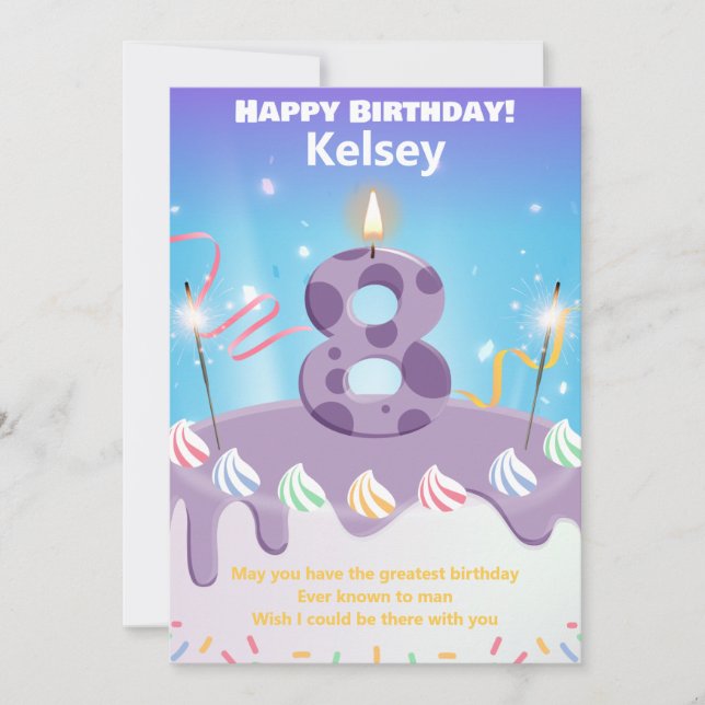 Eight year old Happy Birthday card personalised (Front)