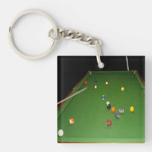 Eightball Table Oilpaint With  Balls And Cues, Key Ring