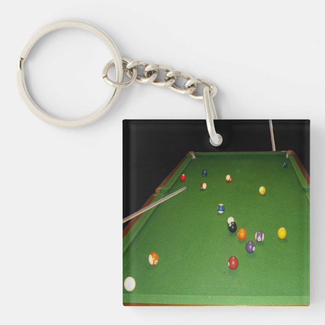 Eightball Table Oilpaint With  Balls And Cues, Key Ring (Front)