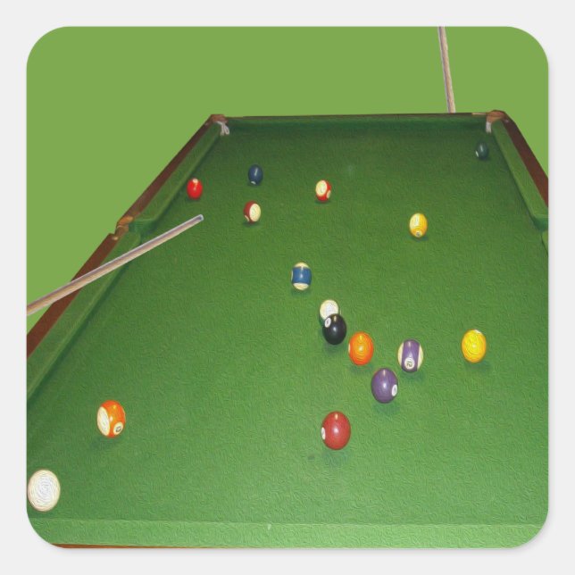 Eightball Table With Balls And Cue, Square Sticker (Front)
