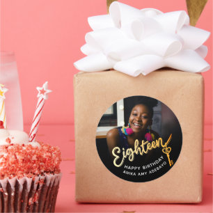 Eighteen 18th Birthday photo gold black 18 key Classic Round Sticker