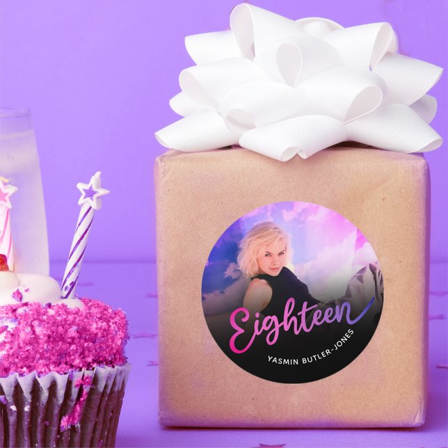 Eighteen 18th Birthday photo purple pink black Classic Round Sticker (Creator Uploaded)