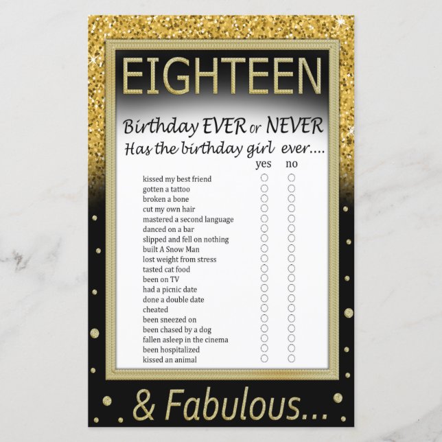 Eighteen Birthday Ever or Never Game (Front)