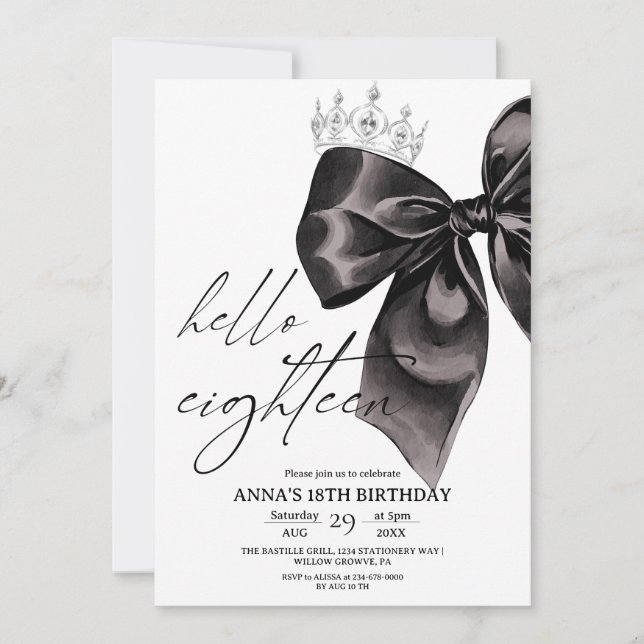 Eighteen Black Bow 18th Birthday Invitation (Front)