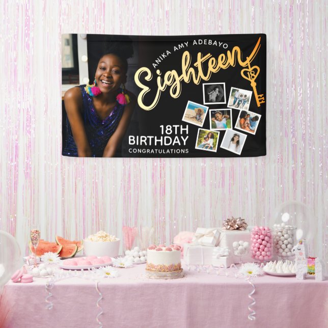 Eighteen gold 18th Birthday photos on black Banner (Party)